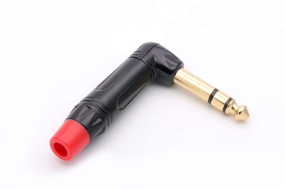[ 2 Pieces/RED 90° ] 6.35mm STEREO Male Microphone Plug Speaker Connector Assembly, TRS Connector Male Plug Adaptor for Soldering, 6.35 mm Stereo Male Plug 90 Degree