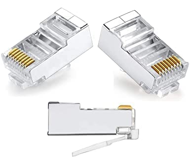fdealz [ 50 Pieces ] 8P8C RJ45 Metal Shielded Male Plug Crimp Connectors, Cat6 RJ45 Ends, 8P8C Cat5, Cat6, Cat5e LAN Connector, Ethernet Cable Crimping Connector for Network Plug for Solid Wire and Standard Cable