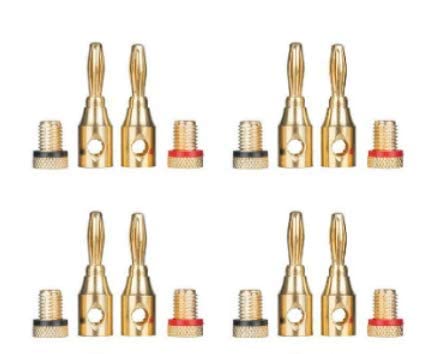[ 4 Pairs - 8 Pieces (4 BLACK + 4 RED) ] Banana AUDIO Connector Plug ; Open Screw Type used with Speaker Wire, Home Theater ; 24K Gold-Plated Banana Audio Connectors