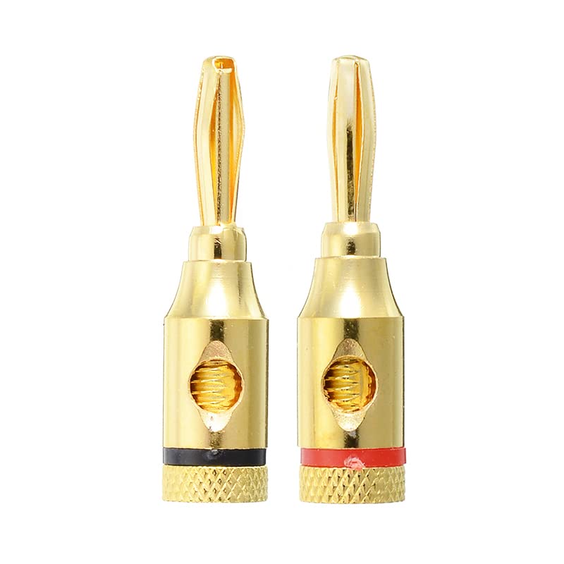 [ 4 Pairs - 8 Pieces (4 BLACK + 4 RED) ] Banana AUDIO Connector Plug ; Open Screw Type used with Speaker Wire, Home Theater ; 24K Gold-Plated Banana Audio Connectors
