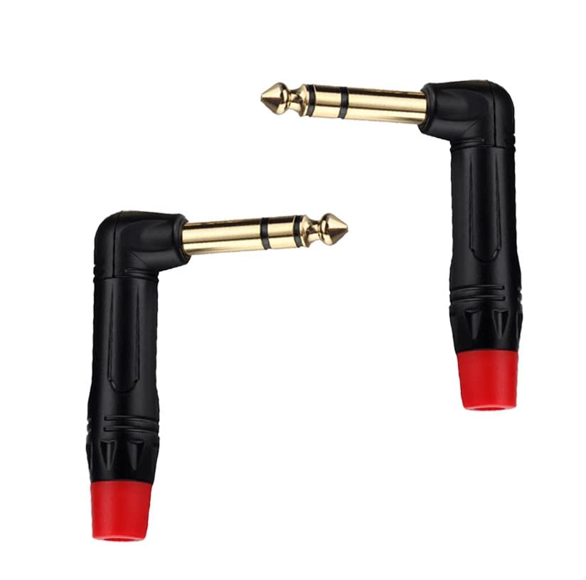 [ 2 Pieces/RED 90° ] 6.35mm STEREO Male Microphone Plug Speaker Connector Assembly, TRS Connector Male Plug Adaptor for Soldering, 6.35 mm Stereo Male Plug 90 Degree