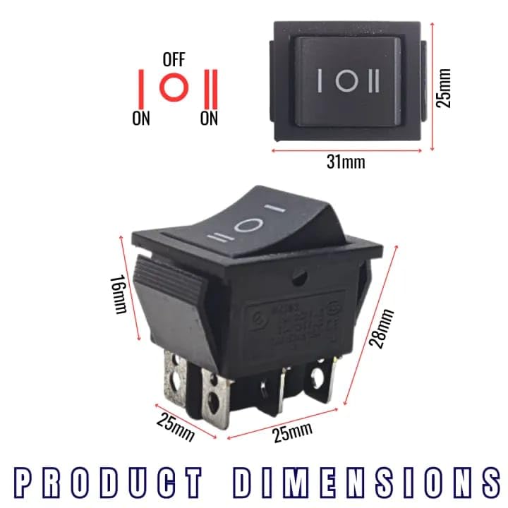 (Pack of 2 - Pieces)3 Position Rocker Toggle Switch 6 Pin AC 125V/10A, 250V/16A ON-Off-ON DPDT for Boat Rocker Switches Car Auto Boat Power Rocker Switches (Black) Color