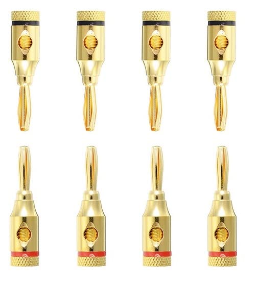 [ 4 Pairs - 8 Pieces (4 BLACK + 4 RED) ] Banana AUDIO Connector Plug ; Open Screw Type used with Speaker Wire, Home Theater ; 24K Gold-Plated Banana Audio Connectors