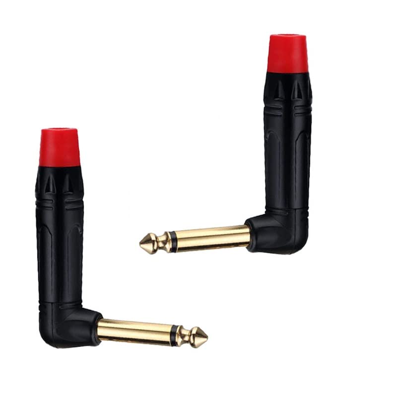 [ 2 Pieces/RED 90° ] 6.35mm STEREO Male Microphone Plug Speaker Connector Assembly, TRS Connector Male Plug Adaptor for Soldering, 6.35 mm Stereo Male Plug 90 Degree