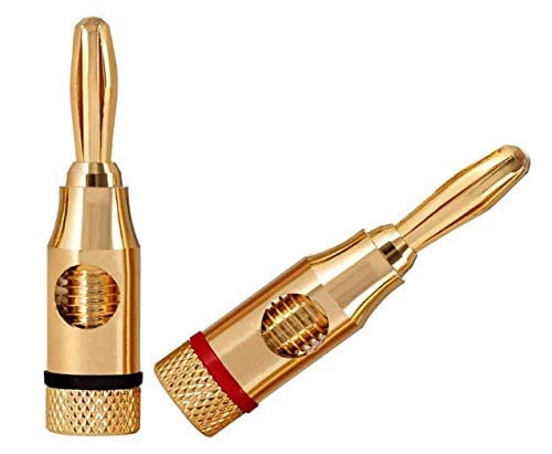 [ 4 Pairs - 8 Pieces (4 BLACK + 4 RED) ] Banana AUDIO Connector Plug ; Open Screw Type used with Speaker Wire, Home Theater ; 24K Gold-Plated Banana Audio Connectors