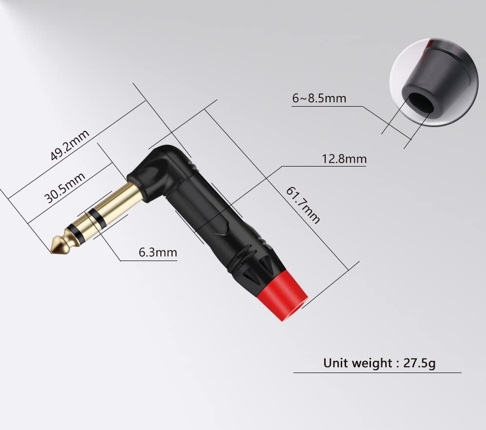 [ 2 Pieces/RED 90° ] 6.35mm STEREO Male Microphone Plug Speaker Connector Assembly, TRS Connector Male Plug Adaptor for Soldering, 6.35 mm Stereo Male Plug 90 Degree