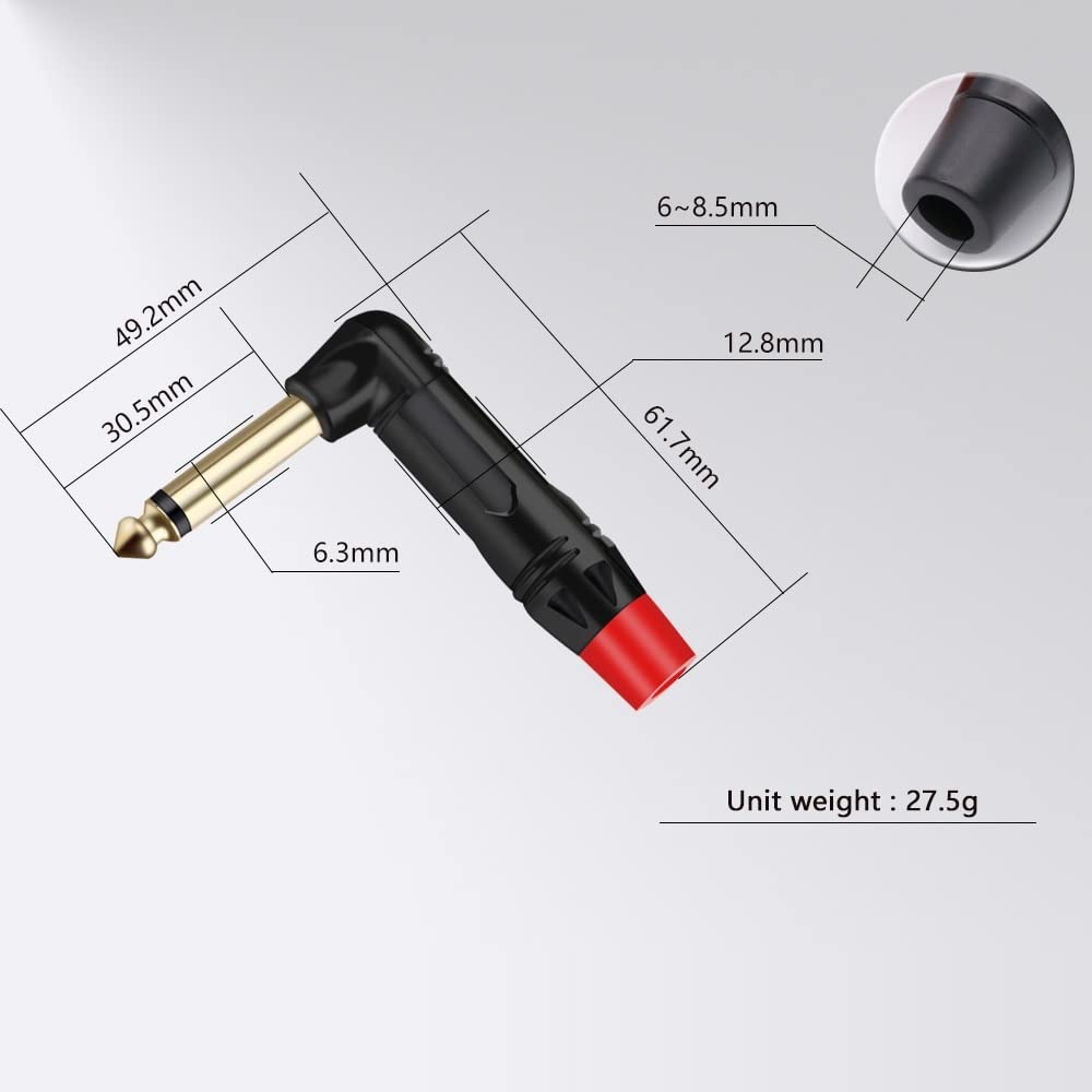 [ 2 Pieces/RED 90° ] 6.35mm STEREO Male Microphone Plug Speaker Connector Assembly, TRS Connector Male Plug Adaptor for Soldering, 6.35 mm Stereo Male Plug 90 Degree