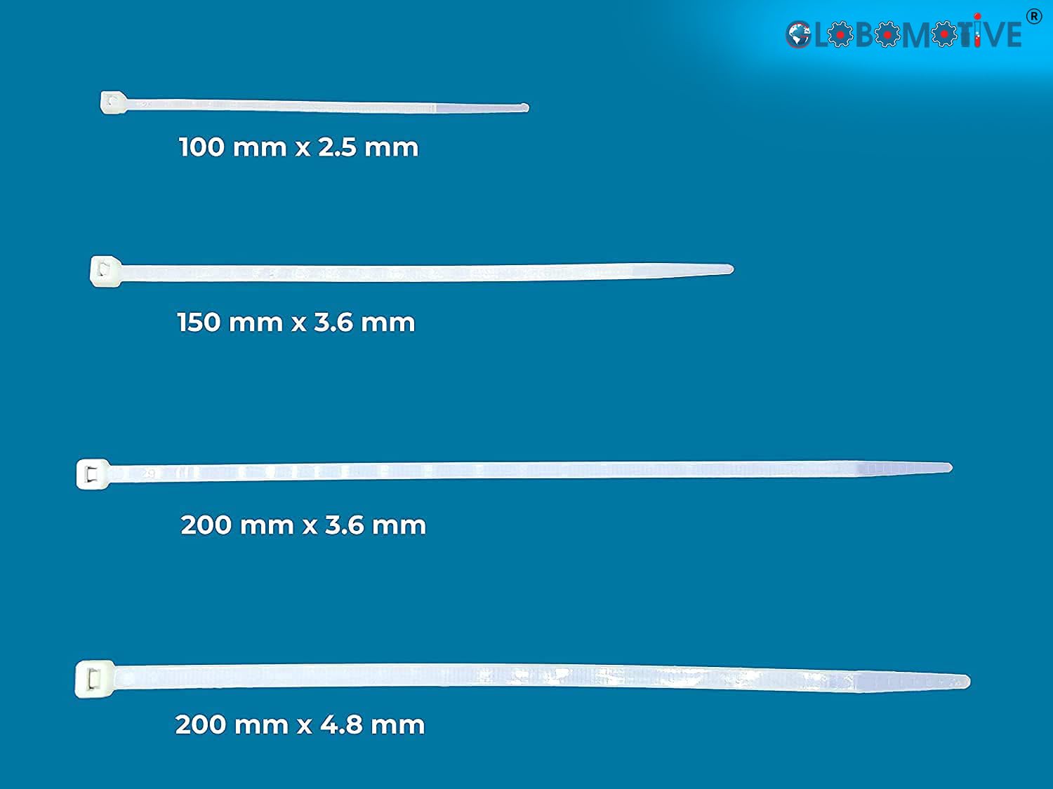 GLOBOMOTIVE Teeth Grip Nylon Self Locking Cable Ties, White (100 mm x 2.5 mm, 4 inch, Pack of 100) - Heavy Duty Strong Zip Wire Fastener Organizer Tie