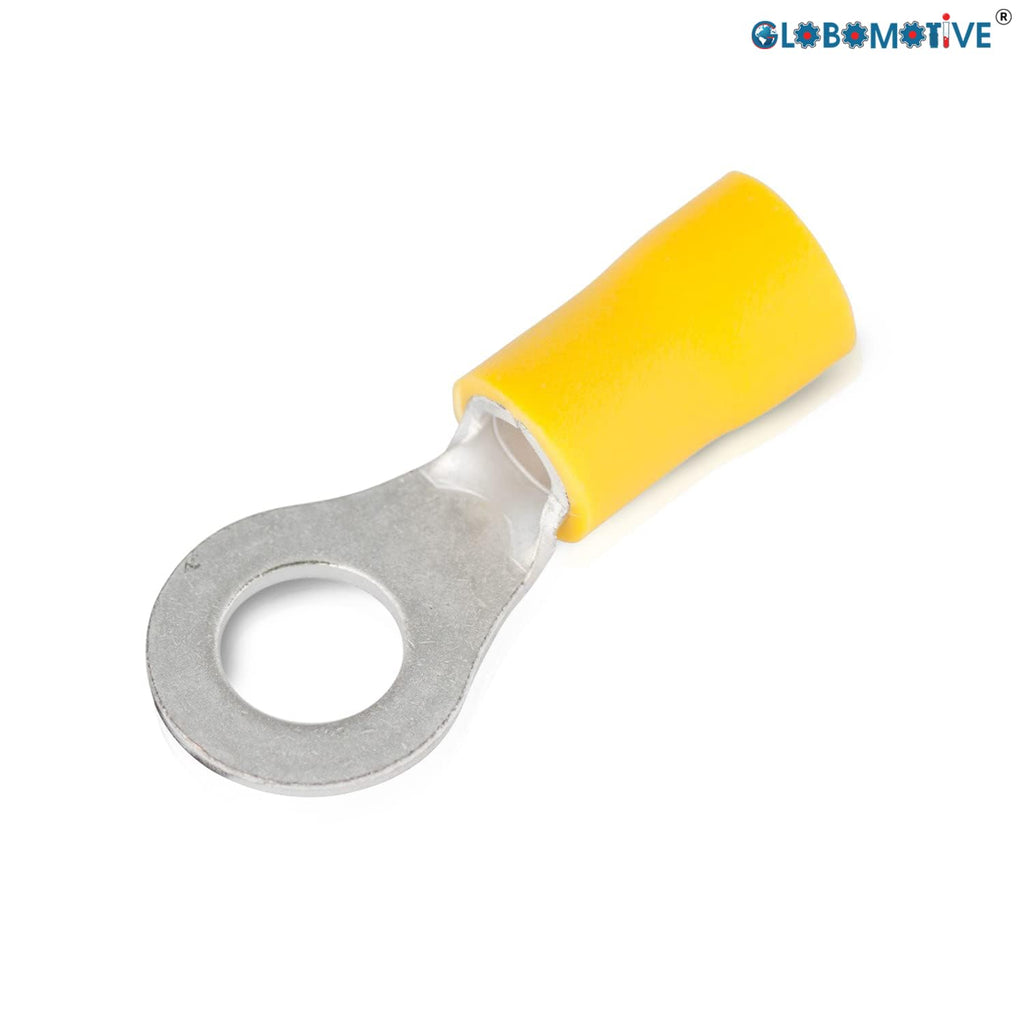 GLOBOMOTIVE Ring Insulated Electrical Wire Crimp Terminals Connectors – E-Copper Wire Lug Battery Cable Ends Eyelets Cable Entry 4-6 sqmm Ring Dia: 8 mm Pack of 100