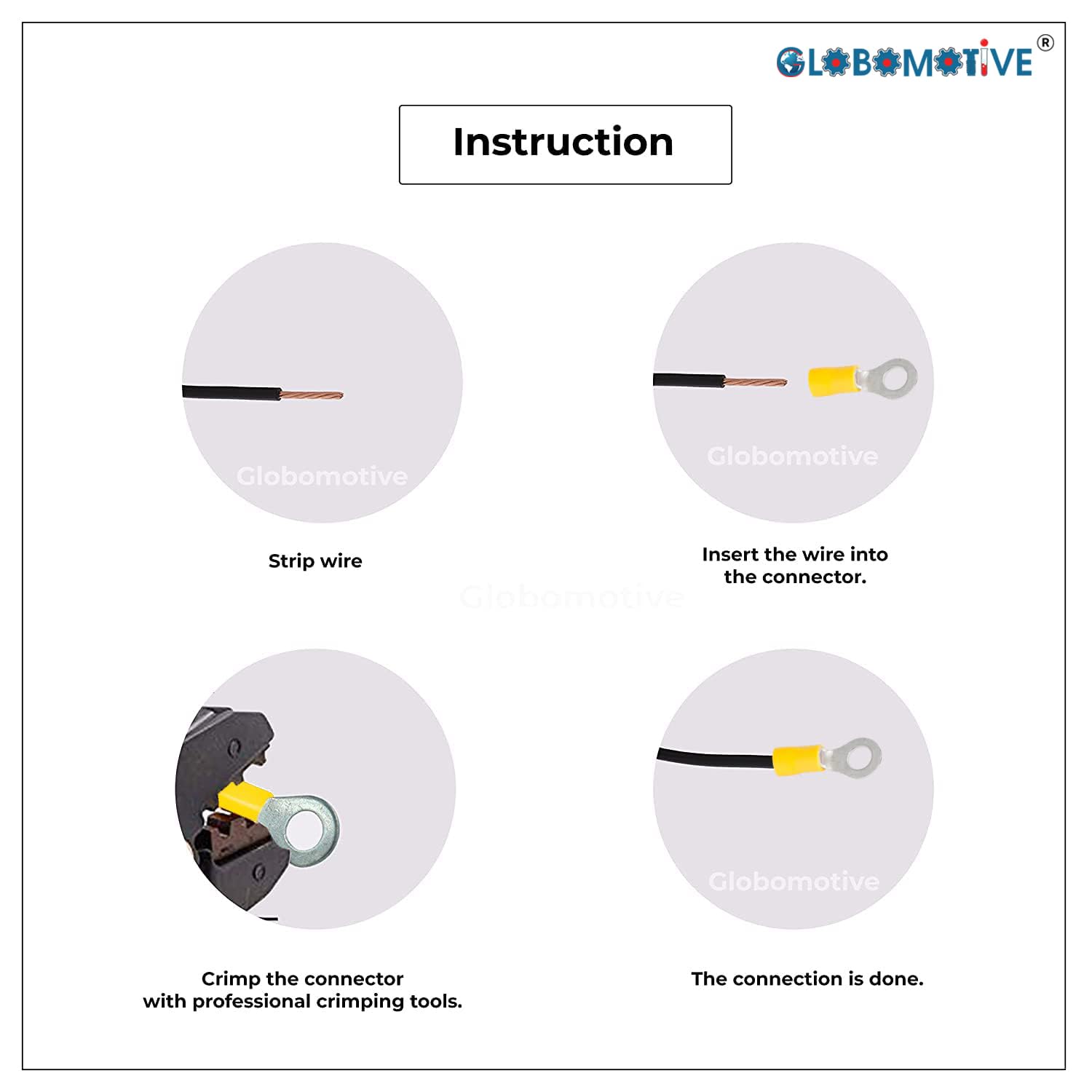 GLOBOMOTIVE Ring Insulated Electrical Wire Crimp Terminals Connectors – E-Copper Wire Lug Battery Cable Ends Eyelets Cable Entry 4-6 sqmm Ring Dia: 8 mm Pack of 100