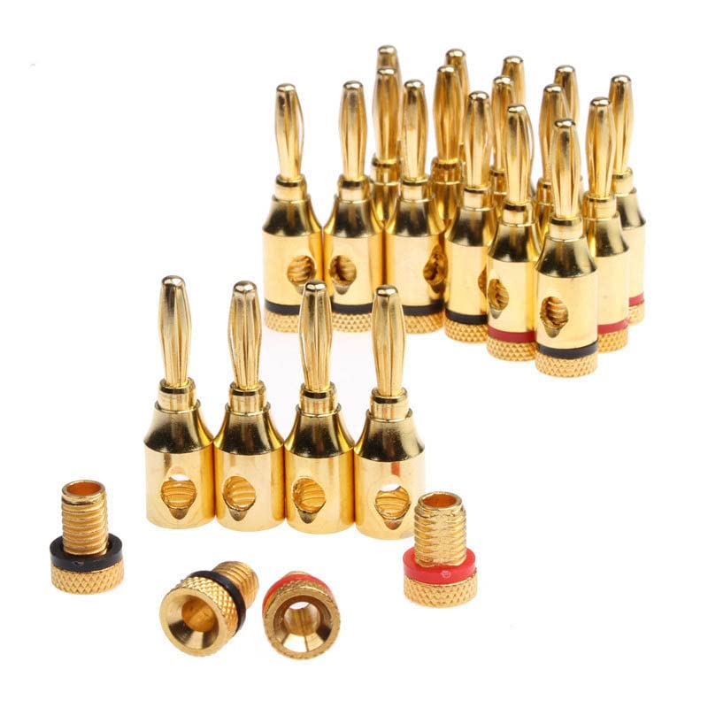 [ 4 Pairs - 8 Pieces (4 BLACK + 4 RED) ] Banana AUDIO Connector Plug ; Open Screw Type used with Speaker Wire, Home Theater ; 24K Gold-Plated Banana Audio Connectors