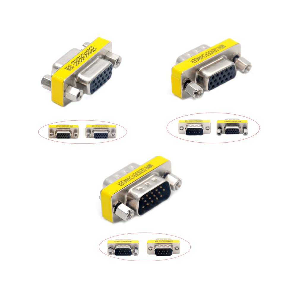 3-Piece VGA Gender Changer Combo - HD15 SVGA Adapters (Female to Female, Female to Male, Male to Male) - Mini Coupler Set