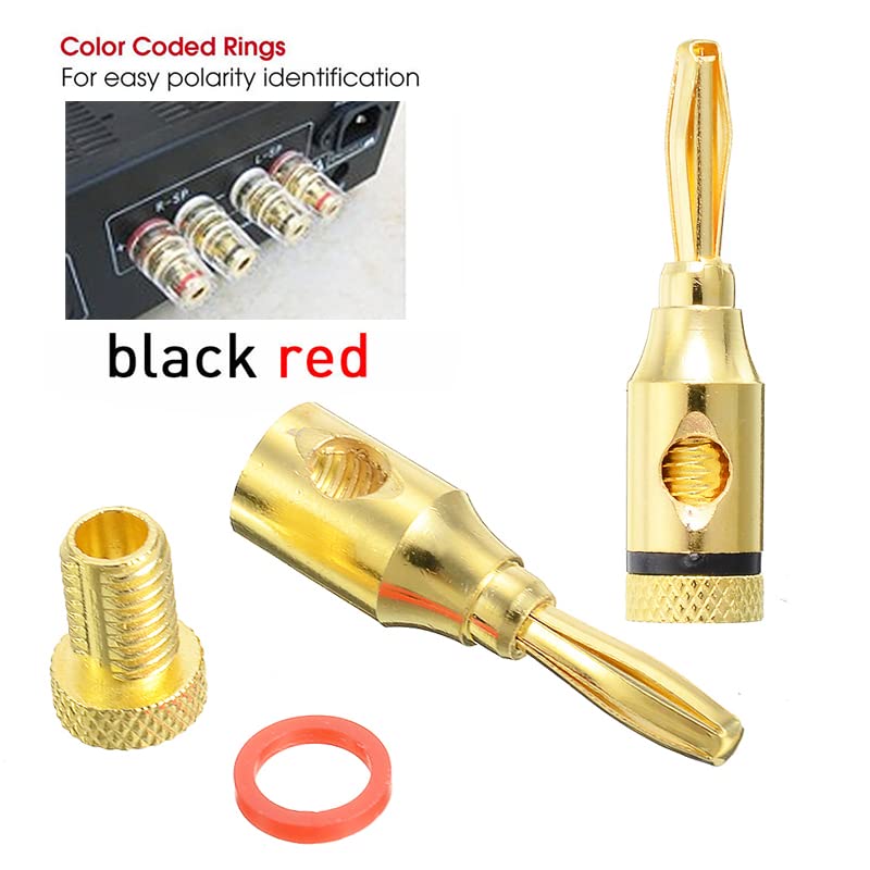 [ 4 Pairs - 8 Pieces (4 BLACK + 4 RED) ] Banana AUDIO Connector Plug ; Open Screw Type used with Speaker Wire, Home Theater ; 24K Gold-Plated Banana Audio Connectors
