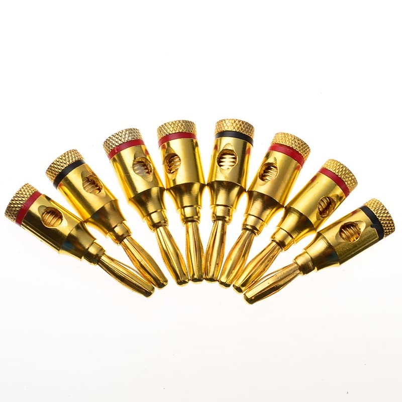 [ 4 Pairs - 8 Pieces (4 BLACK + 4 RED) ] Banana AUDIO Connector Plug ; Open Screw Type used with Speaker Wire, Home Theater ; 24K Gold-Plated Banana Audio Connectors