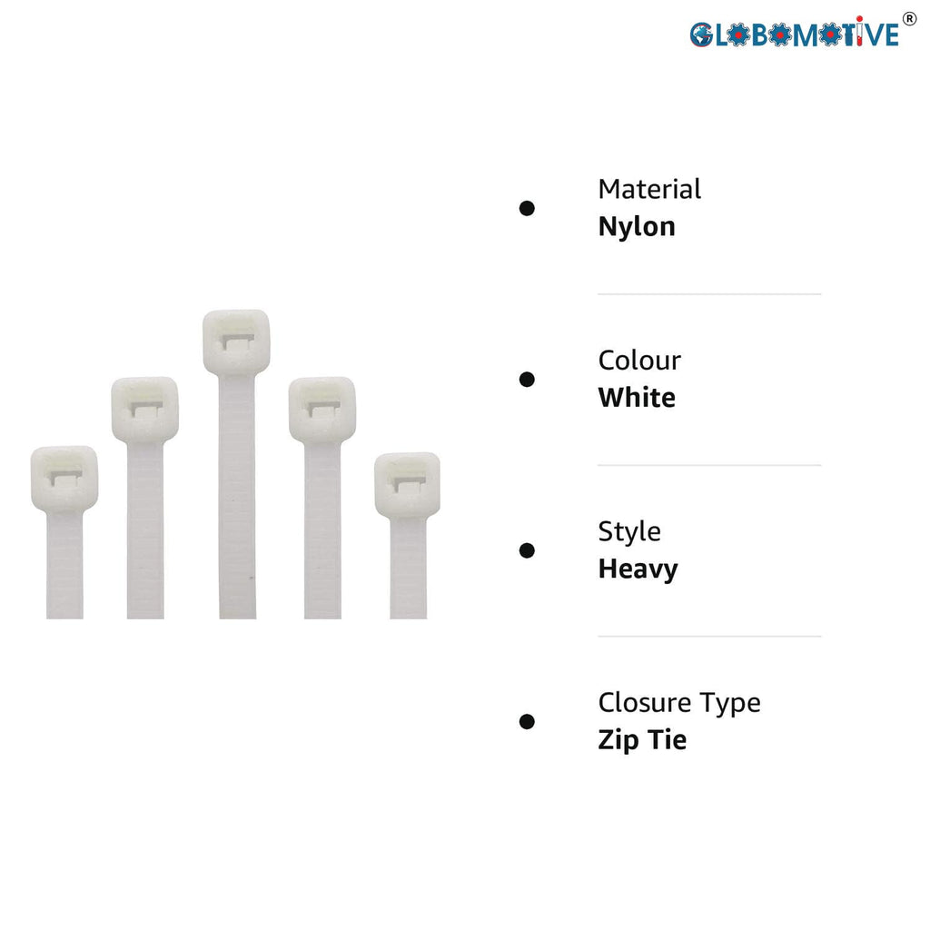 GLOBOMOTIVE Teeth Grip Nylon Self Locking Cable Ties, White (100 mm x 2.5 mm, 4 inch, Pack of 100) - Heavy Duty Strong Zip Wire Fastener Organizer Tie