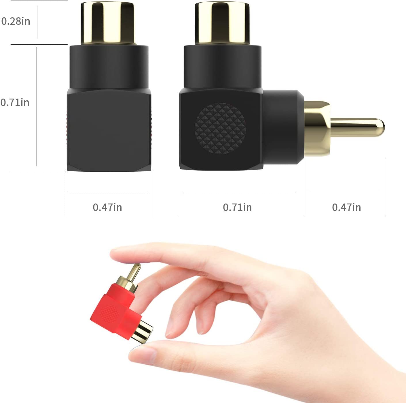 [ 10 Pieces ] L Shape 90 Degrees Angle Audio Video RCA Male to Female Coupler Adapter, Gold Plated RCA male to Female Connectors