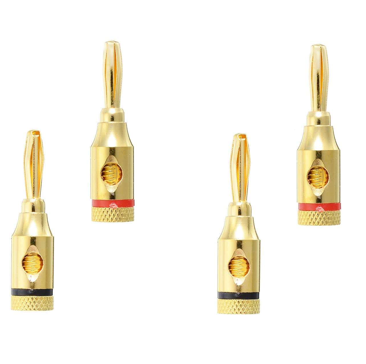 [ 4 Pairs - 8 Pieces (4 BLACK + 4 RED) ] Banana AUDIO Connector Plug ; Open Screw Type used with Speaker Wire, Home Theater ; 24K Gold-Plated Banana Audio Connectors