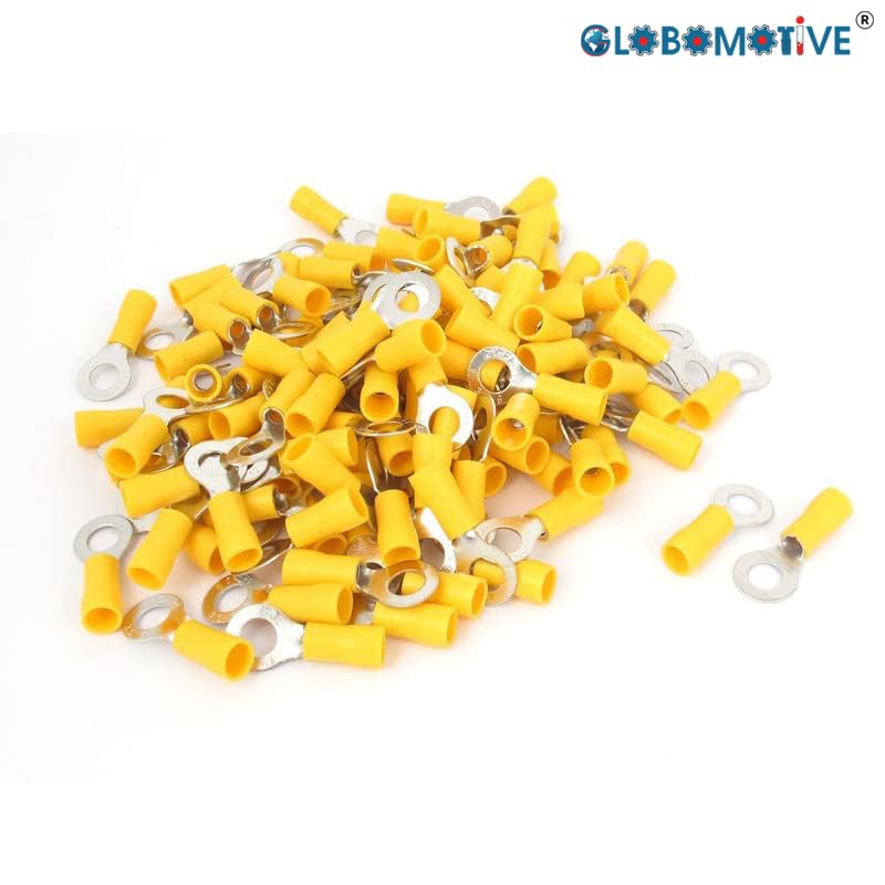 GLOBOMOTIVE Ring Insulated Electrical Wire Crimp Terminals Connectors – E-Copper Wire Lug Battery Cable Ends Eyelets Cable Entry 4-6 sqmm Ring Dia: 8 mm Pack of 100