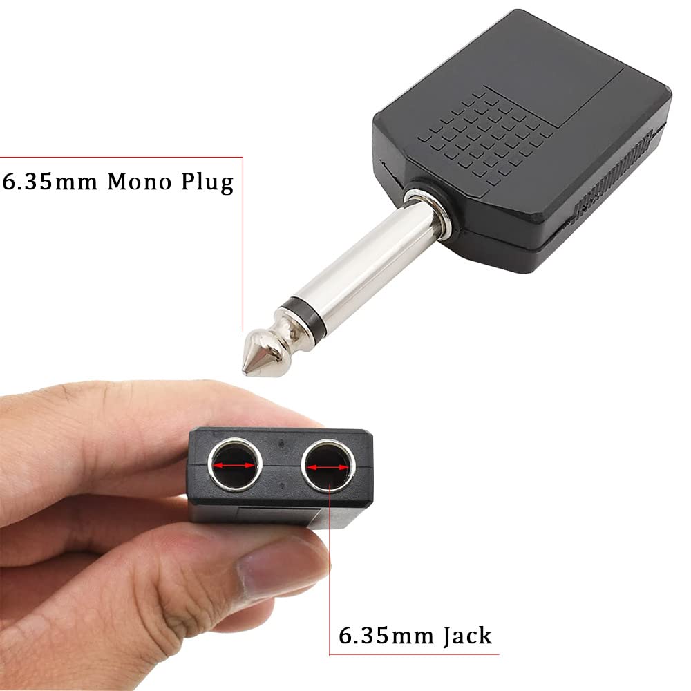 [ 2 Pieces ] 6.35mm Mono to Dual 6.35MM Splitter & 6.35mm Stereo to Dual 6.35MM Stereo Splitter ; Audio Jack Plug Adapter Single Male To Dual Female, Microphone Y Splitter Converter