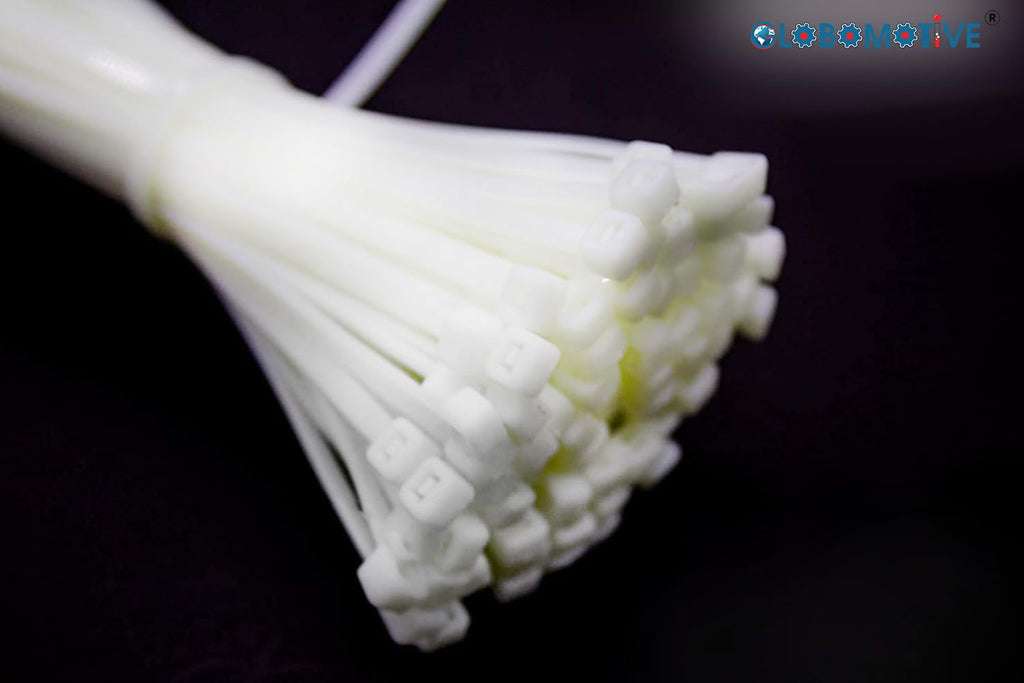 GLOBOMOTIVE Teeth Grip Nylon Self Locking Cable Ties, White (100 mm x 2.5 mm, 4 inch, Pack of 100) - Heavy Duty Strong Zip Wire Fastener Organizer Tie