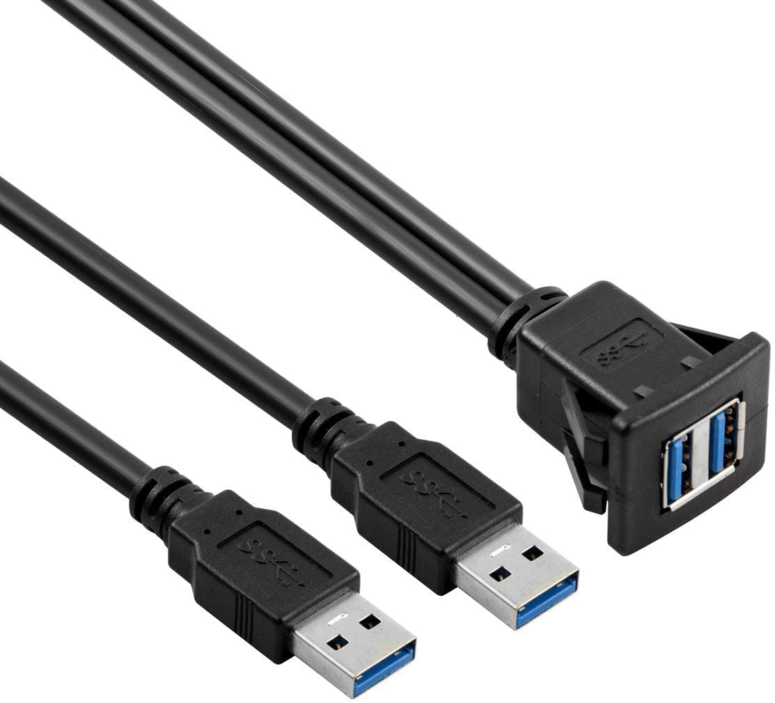 [ 1 Meter ] USB 3.0 Flush Mount Cable, Dual USB Flush Dash Panel Mount Cable Male to Female Extension Code for Car Truck Boat Motorcycle Dashboard ; Dual USB 3.0