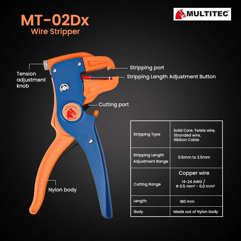 MULTITEC MT-02 Dx – Multifunction Copper Wire Stripper and Cutter | Ergonomic Grip | Strips 0.5mm² - 6mm² Solid Copper Wires | Electrical Maintenance Tool | Smooth Operation | Lightweight – 400g