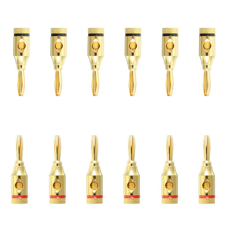 [ 4 Pairs - 8 Pieces (4 BLACK + 4 RED) ] Banana AUDIO Connector Plug ; Open Screw Type used with Speaker Wire, Home Theater ; 24K Gold-Plated Banana Audio Connectors