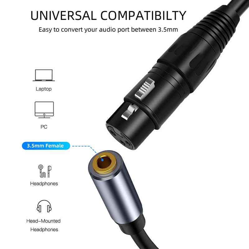 [ 1 Piece / 0.3 Meters ] 3.5mm Stereo Female to XLR Female (30 CM) Cable, Balanced 3.5mm Female to XLR Female Stereo Audio Adapter, 1/8" TRS to XLR Female Connector