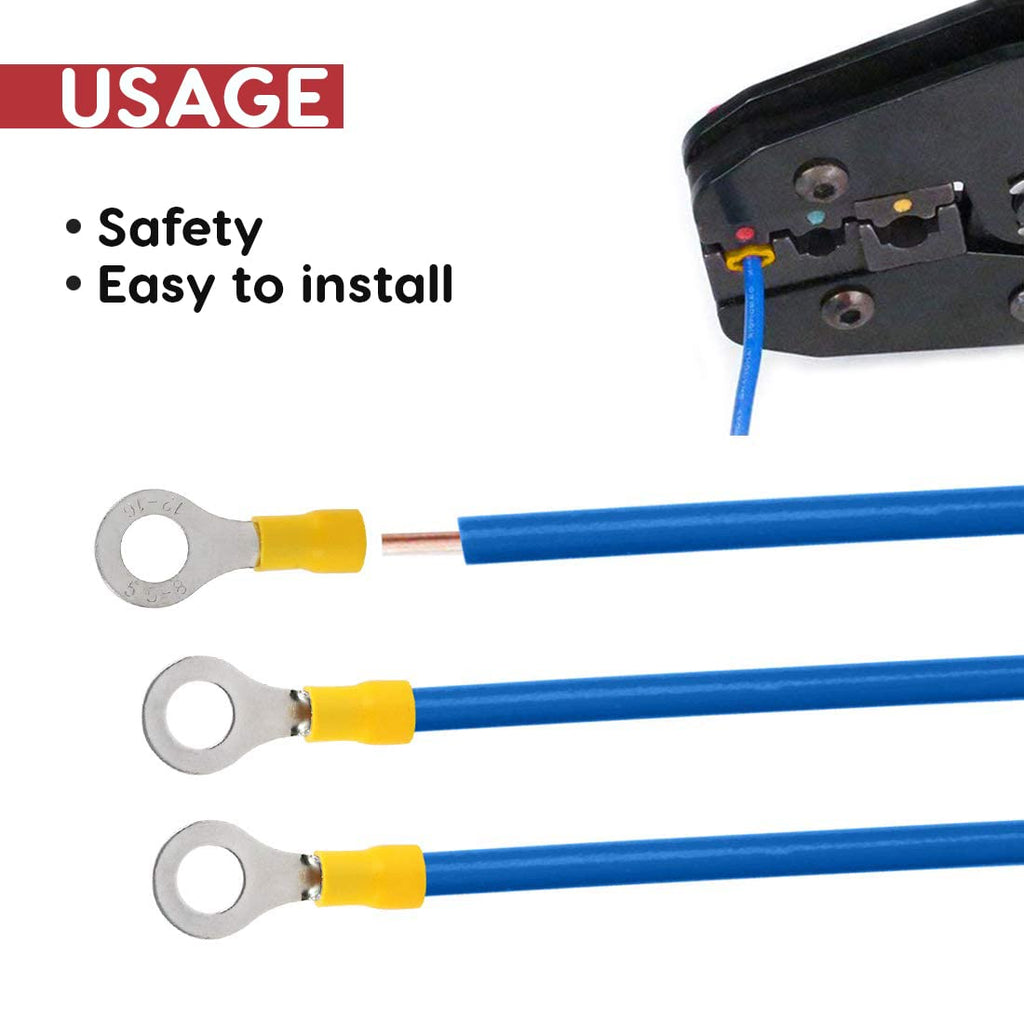 GLOBOMOTIVE Ring Insulated Electrical Wire Crimp Terminals Connectors – E-Copper Wire Lug Battery Cable Ends Eyelets Cable Entry 4-6 sqmm Ring Dia: 8 mm Pack of 100