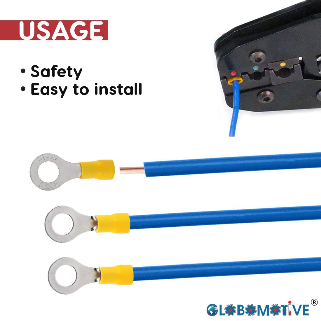 GLOBOMOTIVE Ring Insulated Electrical Wire Crimp Terminals Connectors – E-Copper Wire Lug Battery Cable Ends Eyelets Cable Entry 4-6 sqmm Ring Dia: 8 mm Pack of 100