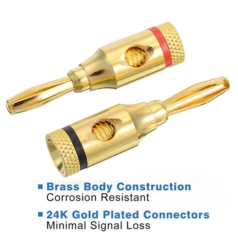 [ 4 Pairs - 8 Pieces (4 BLACK + 4 RED) ] Banana AUDIO Connector Plug ; Open Screw Type used with Speaker Wire, Home Theater ; 24K Gold-Plated Banana Audio Connectors