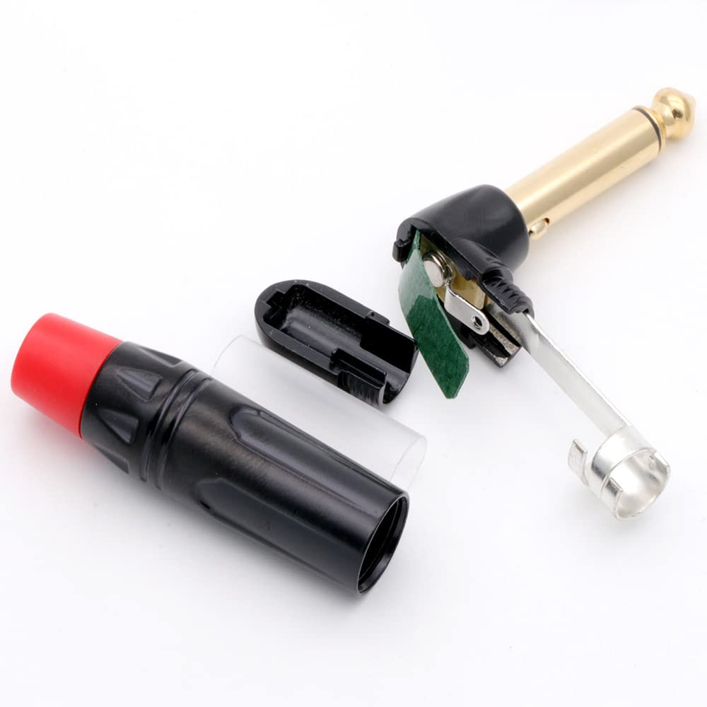 [ 2 Pieces/RED 90° ] 6.35mm STEREO Male Microphone Plug Speaker Connector Assembly, TRS Connector Male Plug Adaptor for Soldering, 6.35 mm Stereo Male Plug 90 Degree