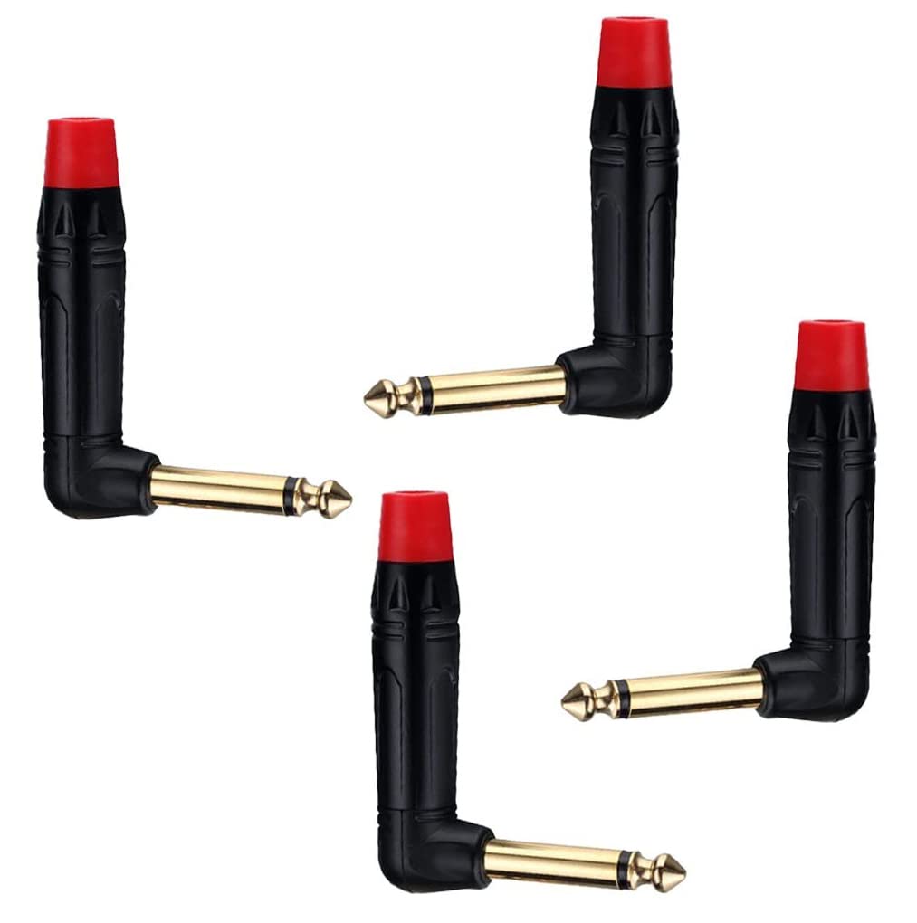 [ 2 Pieces/RED 90° ] 6.35mm STEREO Male Microphone Plug Speaker Connector Assembly, TRS Connector Male Plug Adaptor for Soldering, 6.35 mm Stereo Male Plug 90 Degree