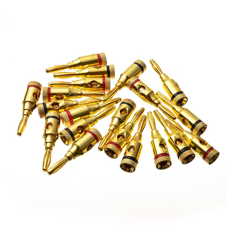 [ 4 Pairs - 8 Pieces (4 BLACK + 4 RED) ] Banana AUDIO Connector Plug ; Open Screw Type used with Speaker Wire, Home Theater ; 24K Gold-Plated Banana Audio Connectors