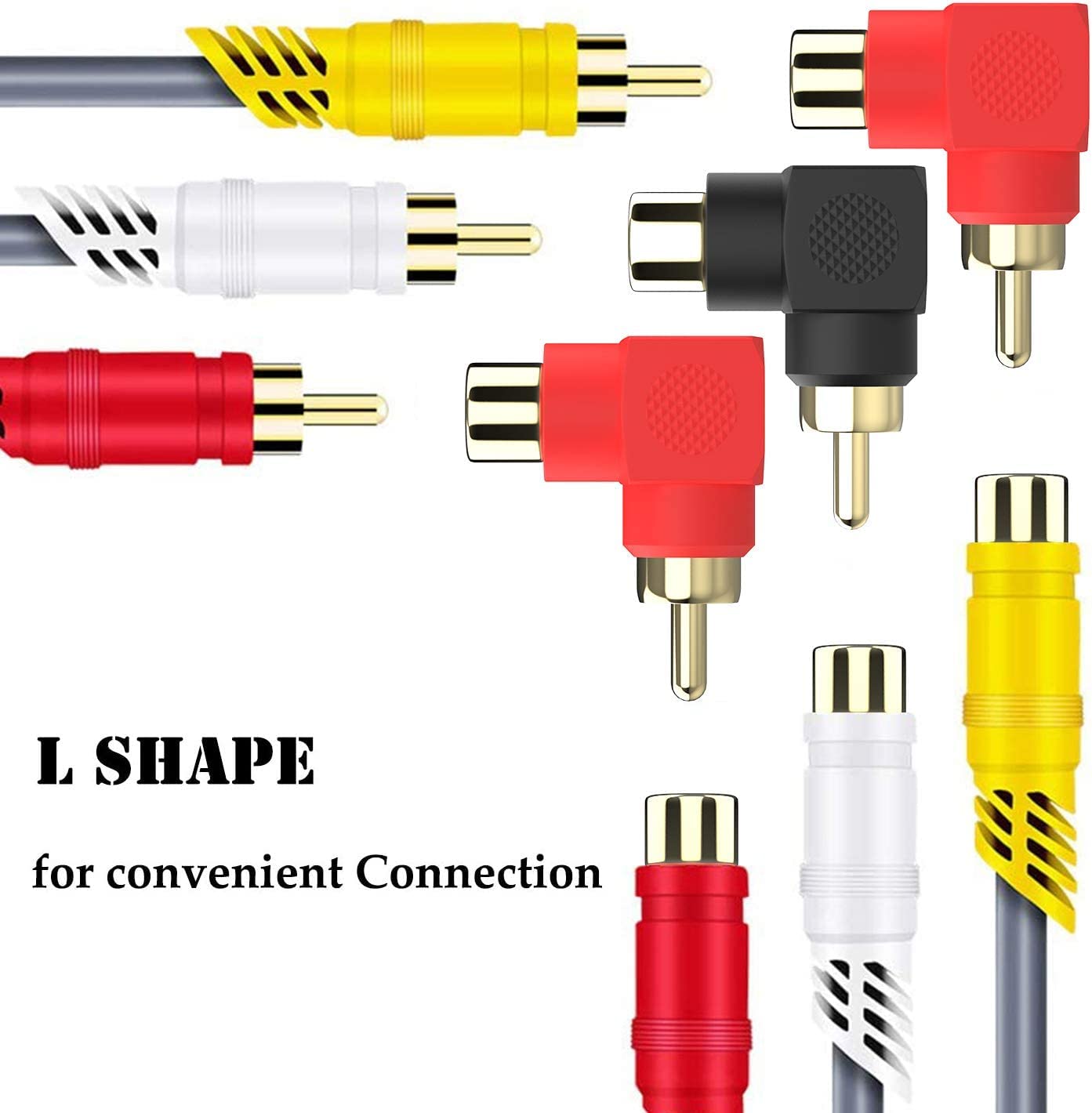 [ 10 Pieces ] L Shape 90 Degrees Angle Audio Video RCA Male to Female Coupler Adapter, Gold Plated RCA male to Female Connectors