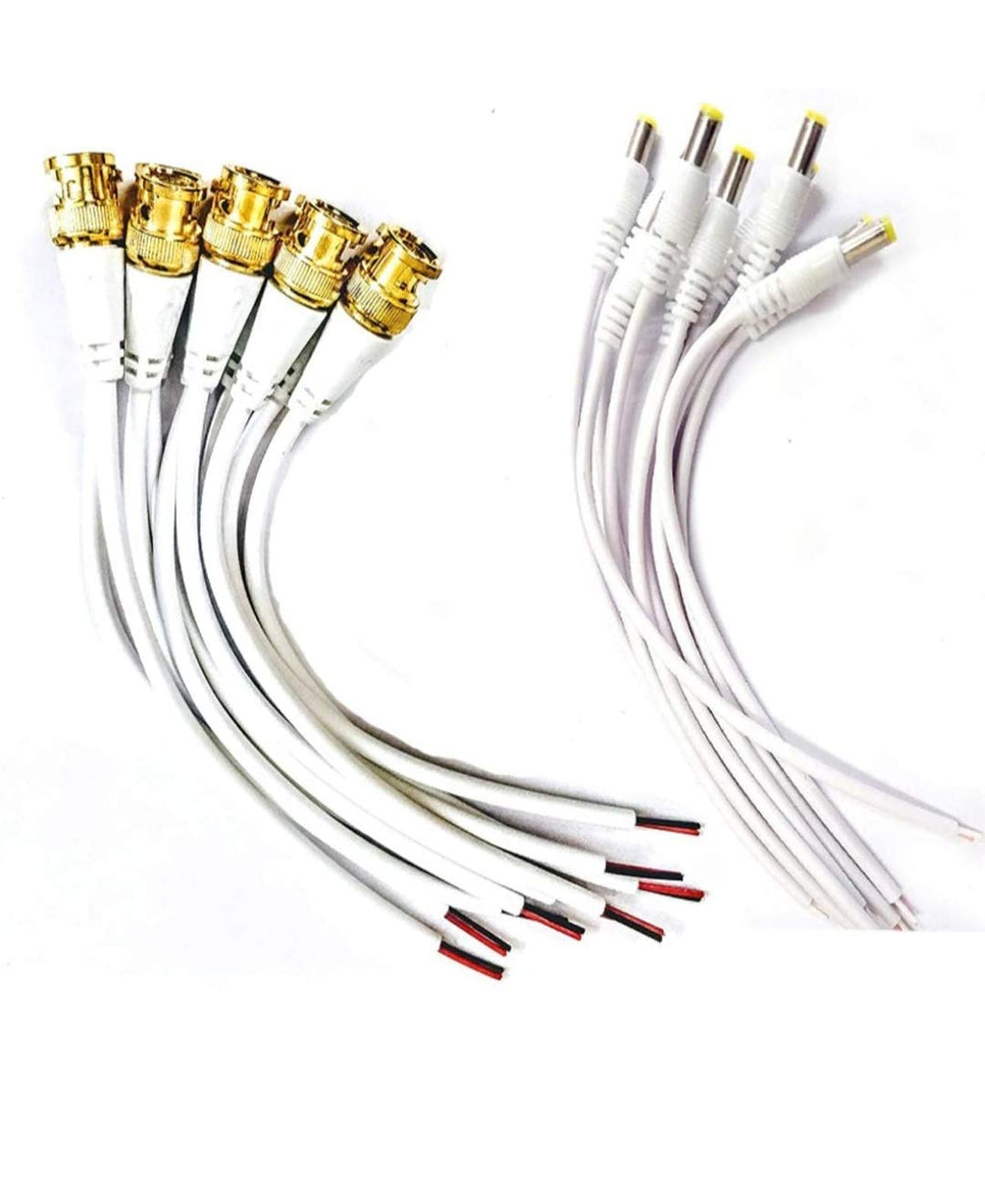 Genric Combo Pack of 10 Pc BNC Connector with Copper Wire Moulded - 18CM and 10 Pc DC Power Pigtail Male Cables with 2.1mm Connectors Barrel Jack for Surveillance CCTV Camera (White) (PS Security)