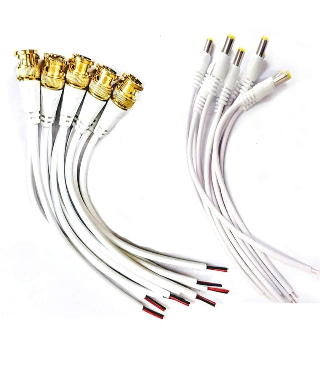 Genric Combo Pack of 10 Pc BNC Connector with Copper Wire Moulded - 18CM and 10 Pc DC Power Pigtail Male Cables with 2.1mm Connectors Barrel Jack for Surveillance CCTV Camera (White) (PS Security)