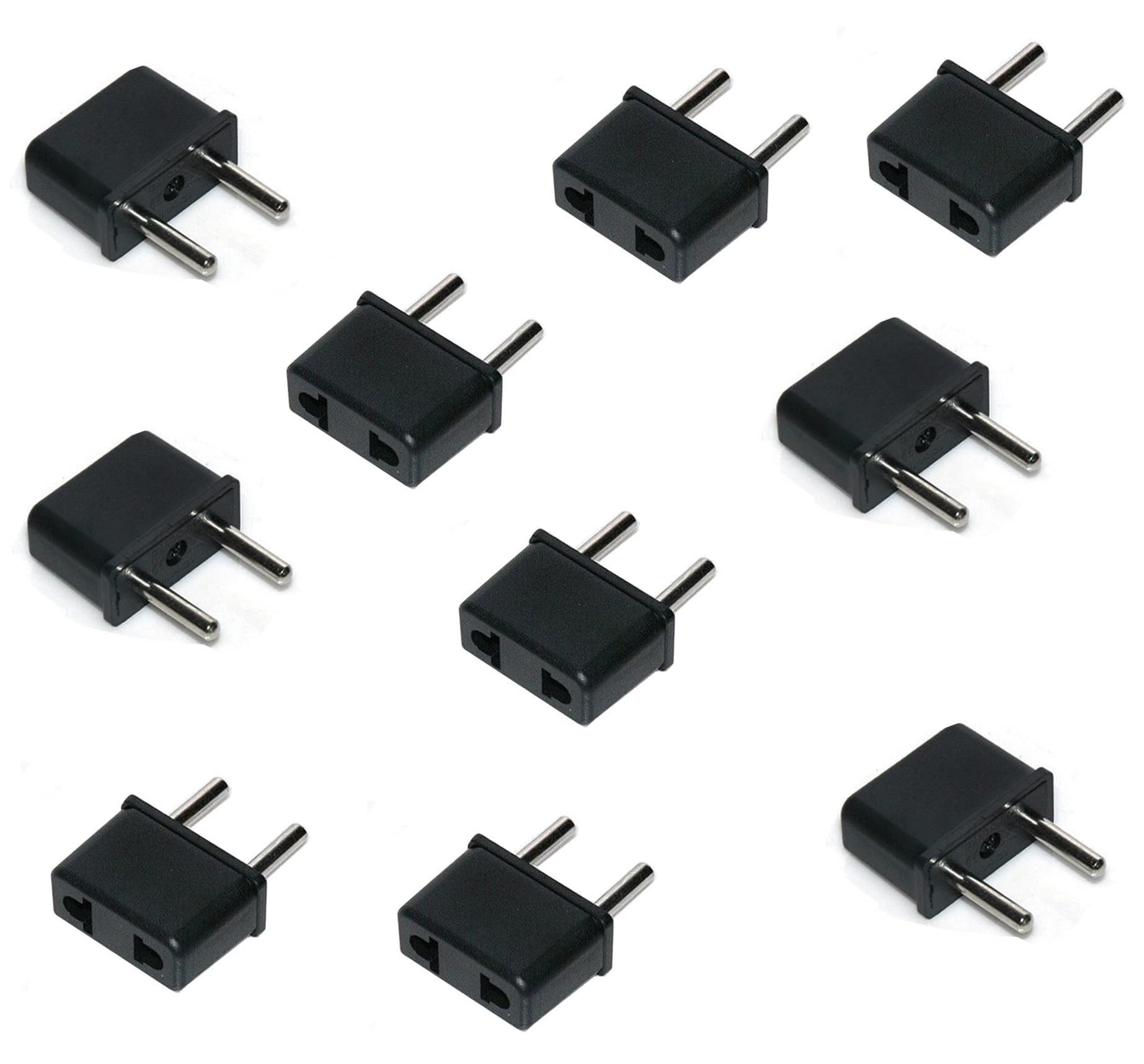 [ 10 Pieces ] US Female Flat Pin to EU Plug India 2 Pin Male AC Wall Universal Travel Power Socket Plug Adaptor, AC 250V (Black) 2 Pin Flat US to EU Male Connector
