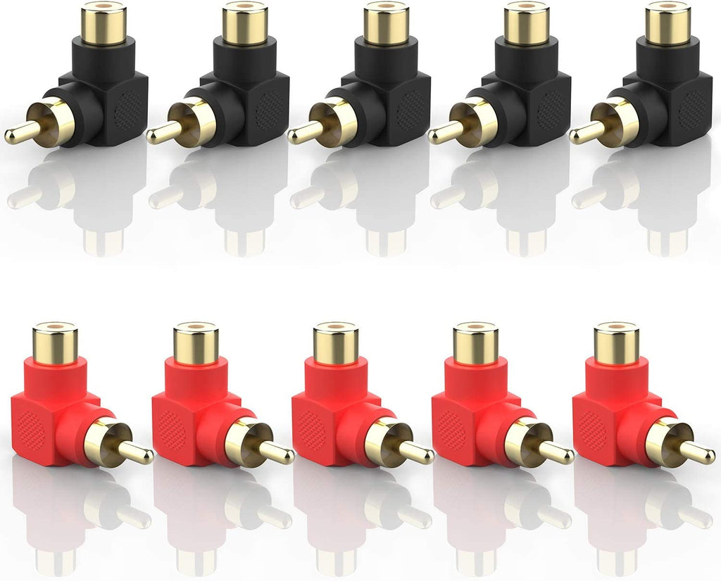 [ 10 Pieces ] L Shape 90 Degrees Angle Audio Video RCA Male to Female Coupler Adapter, Gold Plated RCA male to Female Connectors