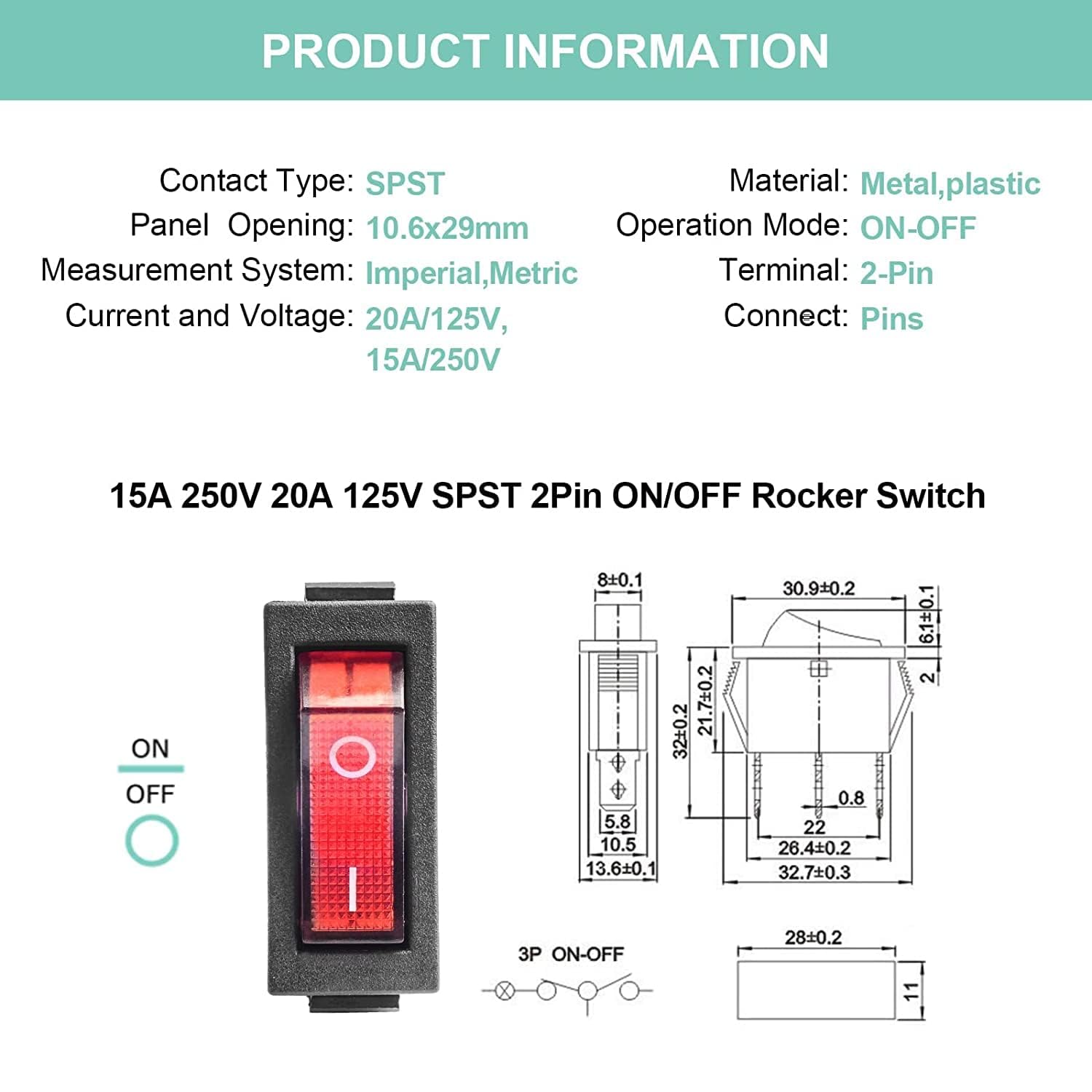 [ Pack of 2 - Pieces ] 15 Ampere 250V/20A 125V 3 Pin Industrial Grade 2 Position Mini Boat Toggle Snap AC Rocker Switch KCD3 Red Light Illuminated LED ON/OFF
