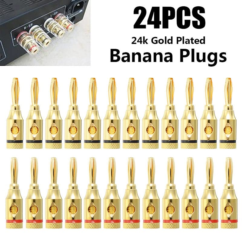 [ 4 Pairs - 8 Pieces (4 BLACK + 4 RED) ] Banana AUDIO Connector Plug ; Open Screw Type used with Speaker Wire, Home Theater ; 24K Gold-Plated Banana Audio Connectors
