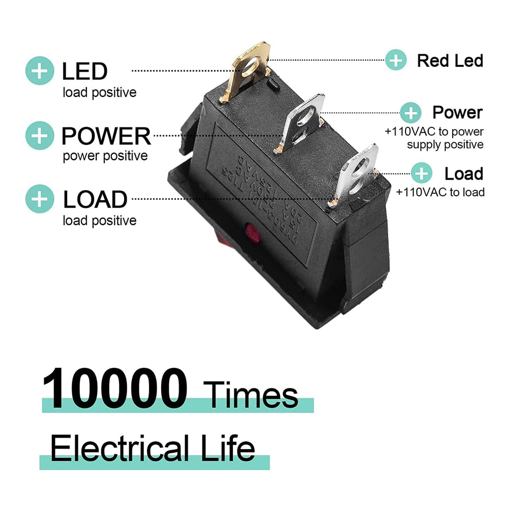 [ Pack of 2 - Pieces ] 15 Ampere 250V/20A 125V 3 Pin Industrial Grade 2 Position Mini Boat Toggle Snap AC Rocker Switch KCD3 Red Light Illuminated LED ON/OFF