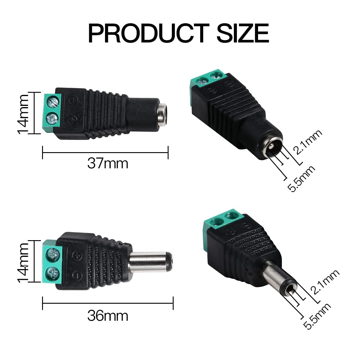 DC Power Connector 12V Male + Female Adapter 2.1 X 5.5MM DC Power Jack Plug Connector for CCTV Camera, Led Strip Light Cable Wire (Pack of 5)