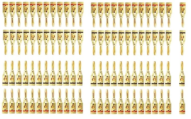 [ 4 Pairs - 8 Pieces (4 BLACK + 4 RED) ] Banana AUDIO Connector Plug ; Open Screw Type used with Speaker Wire, Home Theater ; 24K Gold-Plated Banana Audio Connectors