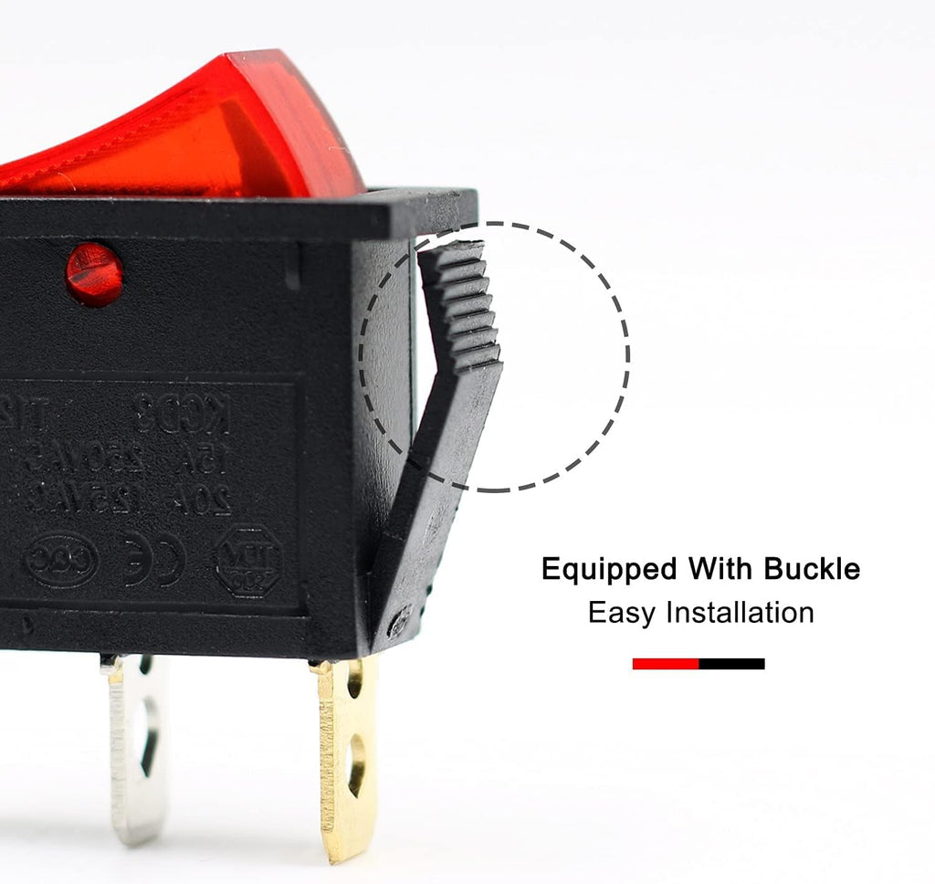 [ Pack of 2 - Pieces ] 15 Ampere 250V/20A 125V 3 Pin Industrial Grade 2 Position Mini Boat Toggle Snap AC Rocker Switch KCD3 Red Light Illuminated LED ON/OFF