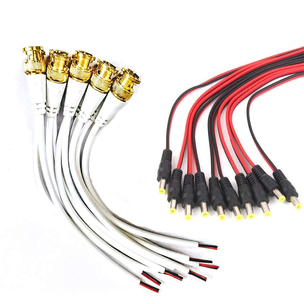 ELECTROTECH Combo BNC Connector and DC Pin with Copper Wire Molded Combo Pack - BNC Golden Male Plug Cable and DC Power Pigtail Connectors for CCTV Surveillance Camera , White
