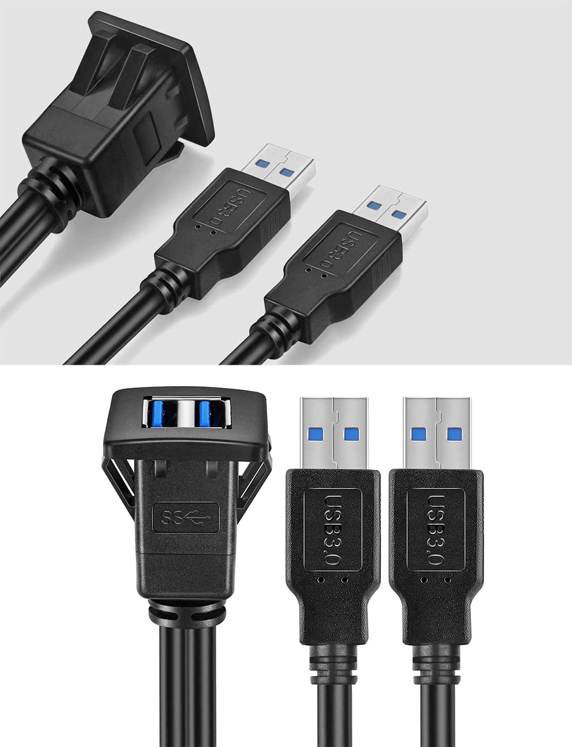 [ 1 Meter ] USB 3.0 Flush Mount Cable, Dual USB Flush Dash Panel Mount Cable Male to Female Extension Code for Car Truck Boat Motorcycle Dashboard ; Dual USB 3.0