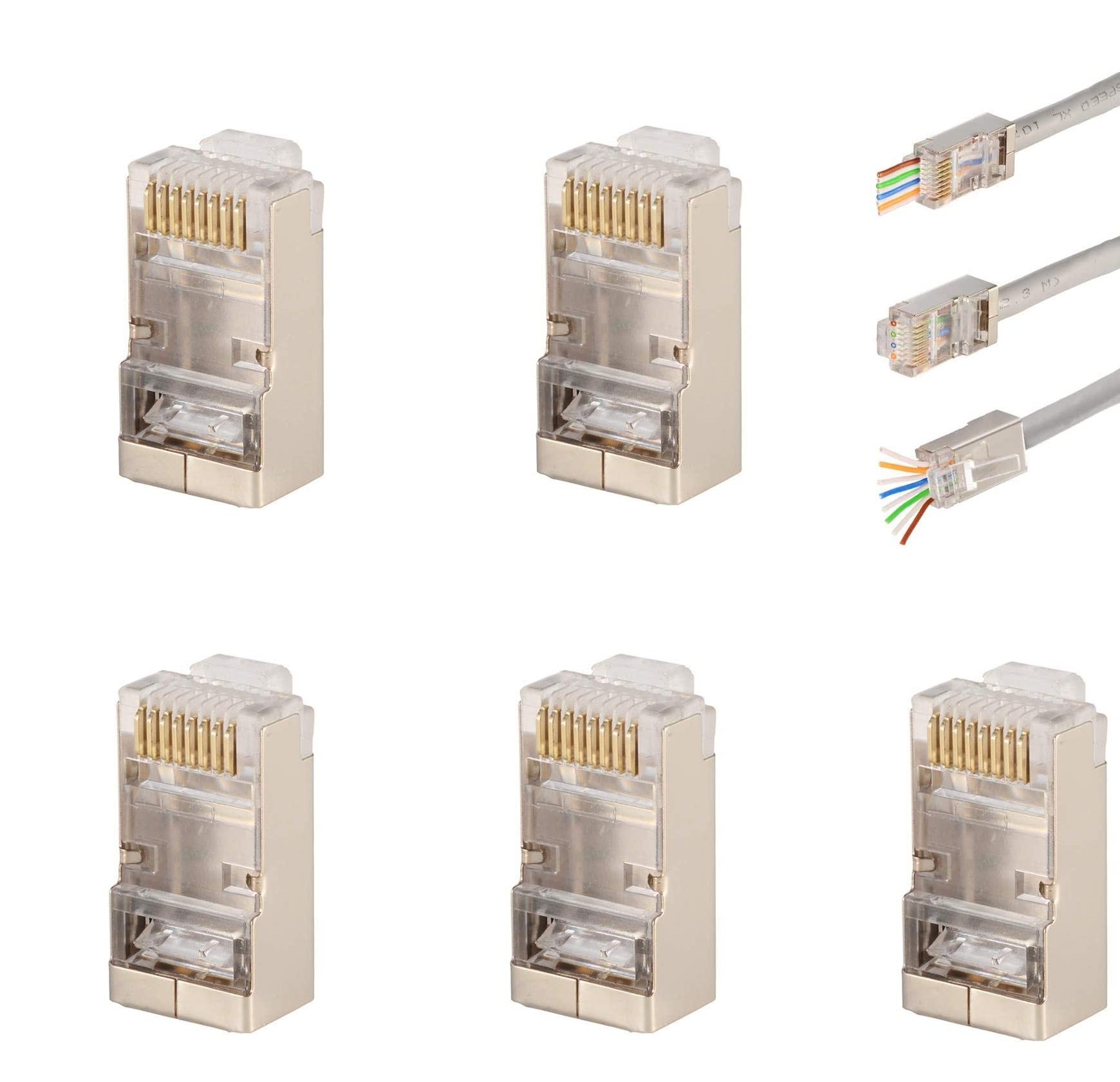 fdealz [ 50 Pieces ] 8P8C RJ45 Metal Shielded Male Plug Crimp Connectors, Cat6 RJ45 Ends, 8P8C Cat5, Cat6, Cat5e LAN Connector, Ethernet Cable Crimping Connector for Network Plug for Solid Wire and Standard Cable