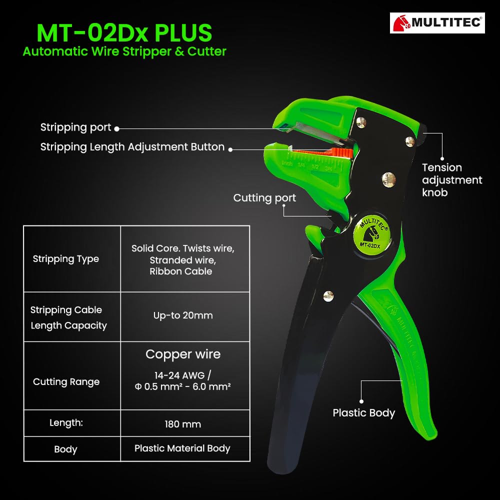 MULTITEC MT-02 Dx – Multifunction Copper Wire Stripper and Cutter | Ergonomic Grip | Strips 0.5mm² - 6mm² Solid Copper Wires | Electrical Maintenance Tool | Smooth Operation | Lightweight – 400g