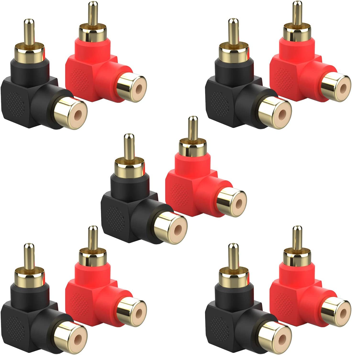 [ 10 Pieces ] L Shape 90 Degrees Angle Audio Video RCA Male to Female Coupler Adapter, Gold Plated RCA male to Female Connectors
